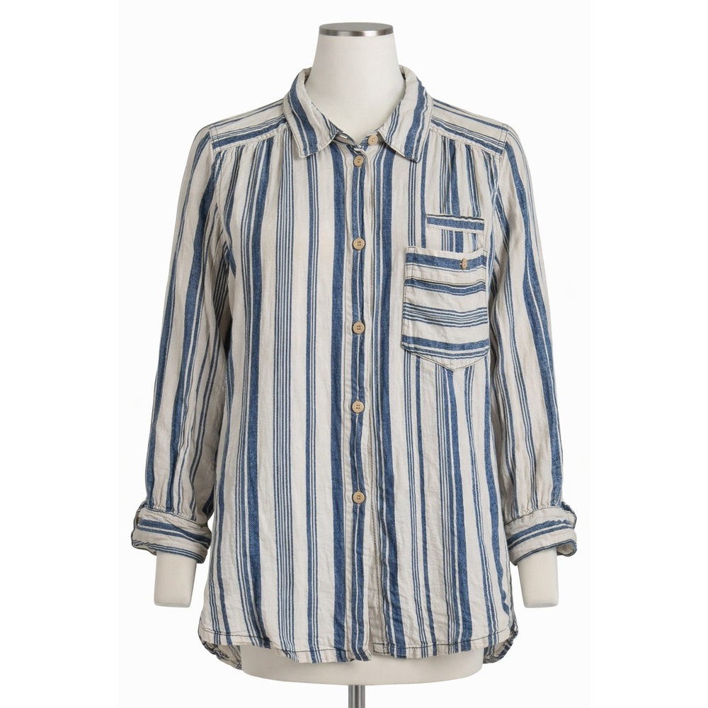We The Free Striped Linen Blend Button Front Shirt XS Blue Cream Relaxed Coastal